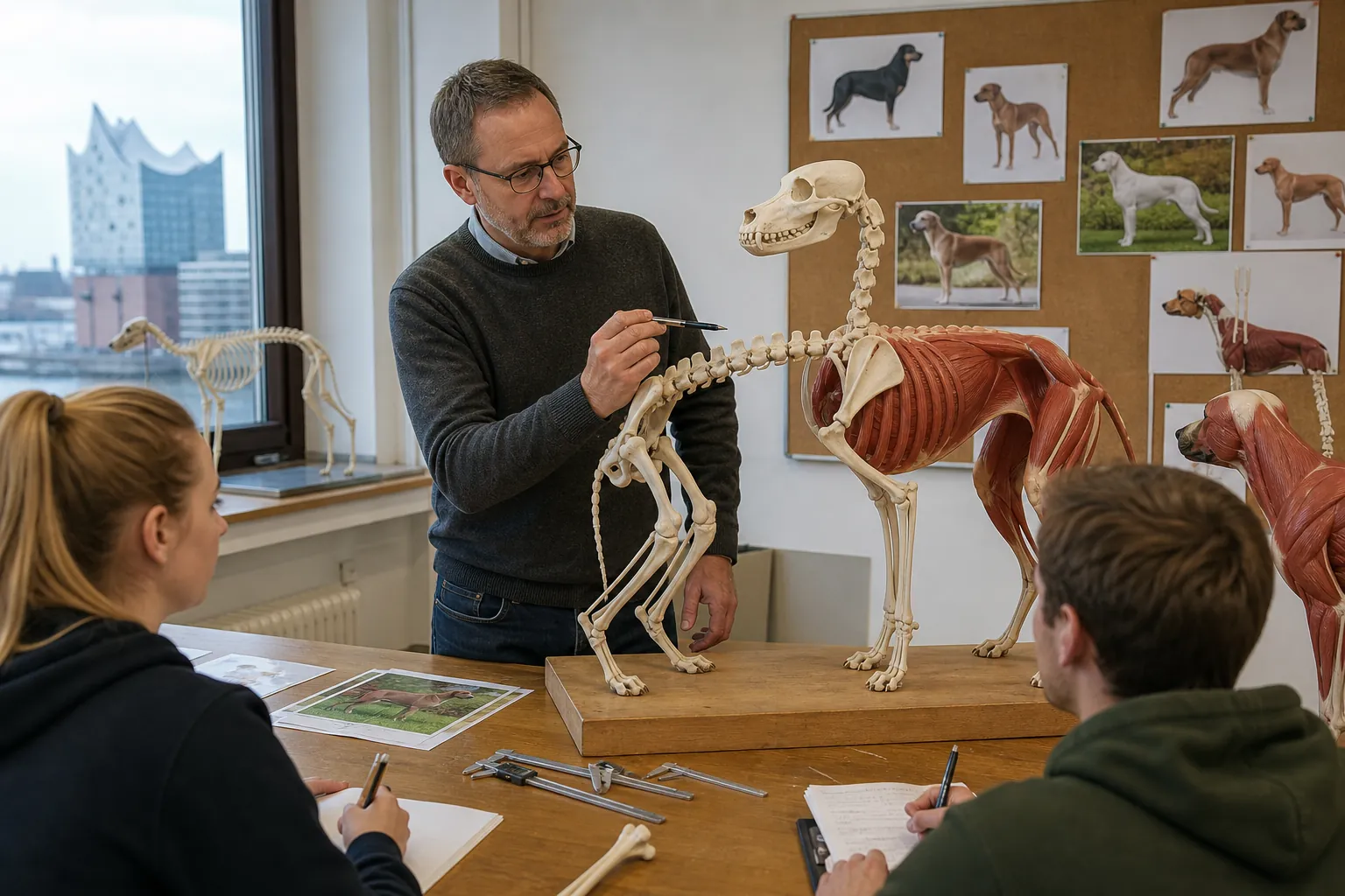 Professor erklärt Schulterwinkelung am Hundelehrskelett im Anatomiekurs in Hamburg