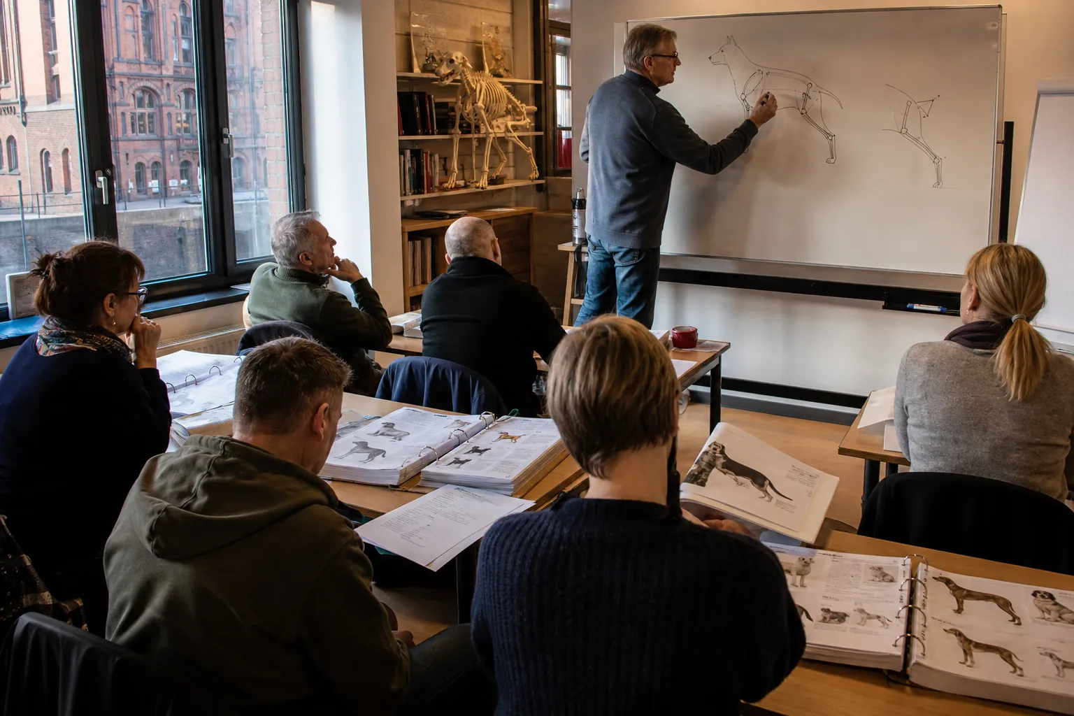 Dozent erklärt Hundeanatomie an der Tafel im Prüfungskurs der Hamburger Kynologie-Akademie