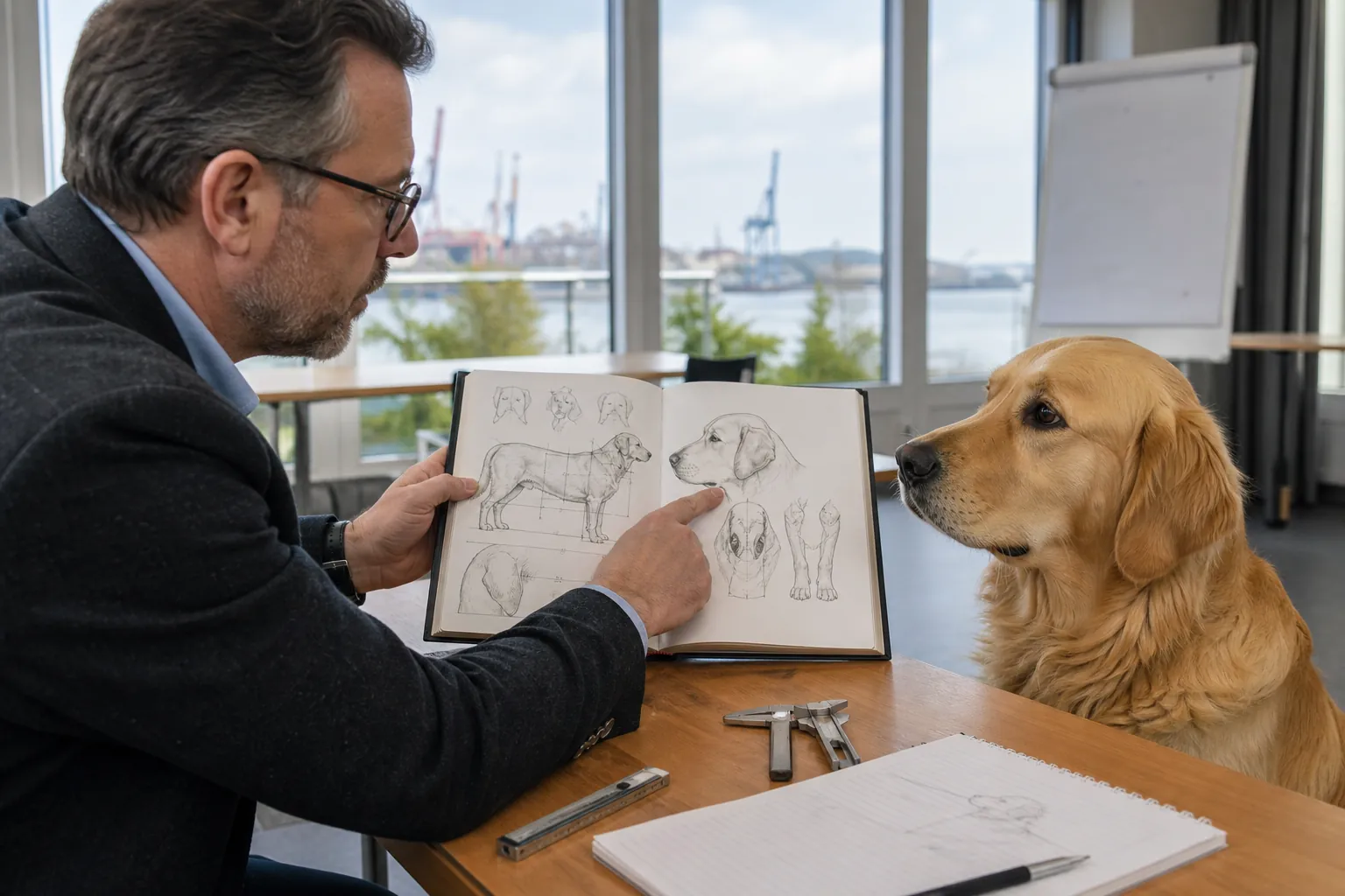 Kynologe vergleicht Golden Retriever mit aufgeschlagenem Rassestandard im Hamburger Seminarraum