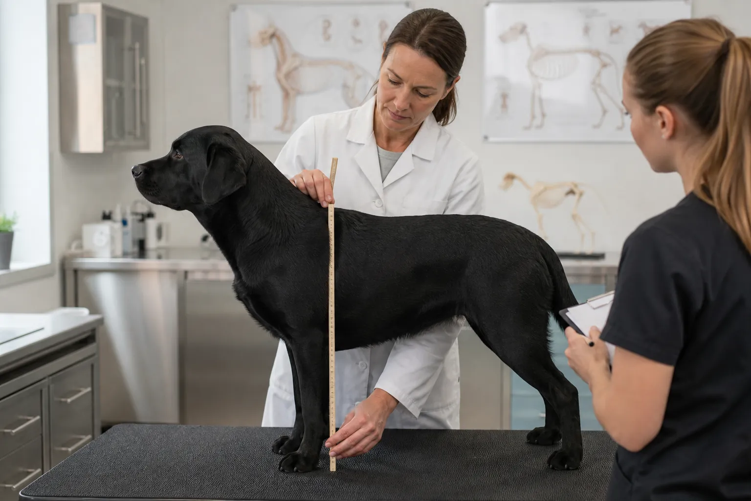 Kynologin misst Brusttiefe eines Labradors bei der Zuchttauglichkeitsprüfung in Hamburg